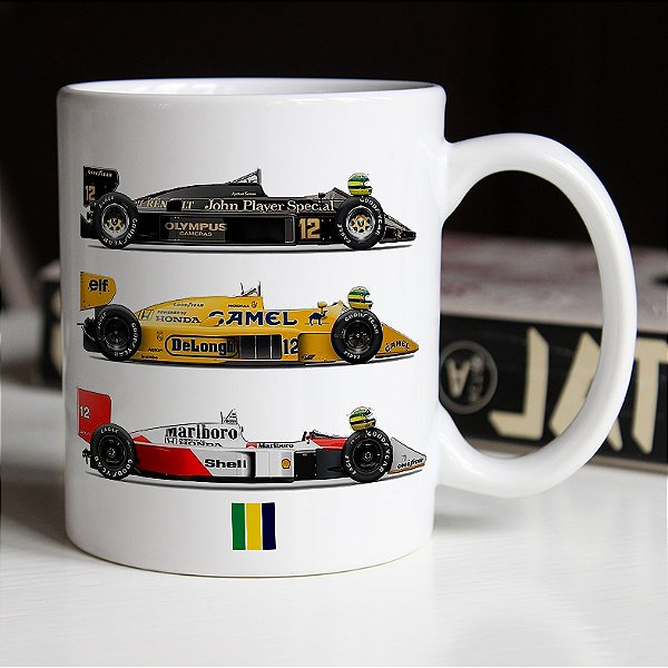 Caneca Ayrton Senna da Silva Lotus Camel Lotus JPS McLaren Honda Formula 1 Corrida Branca