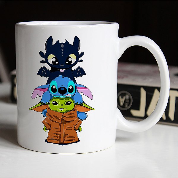 Caneca Banguela Stitch e Baby Yoda Branca