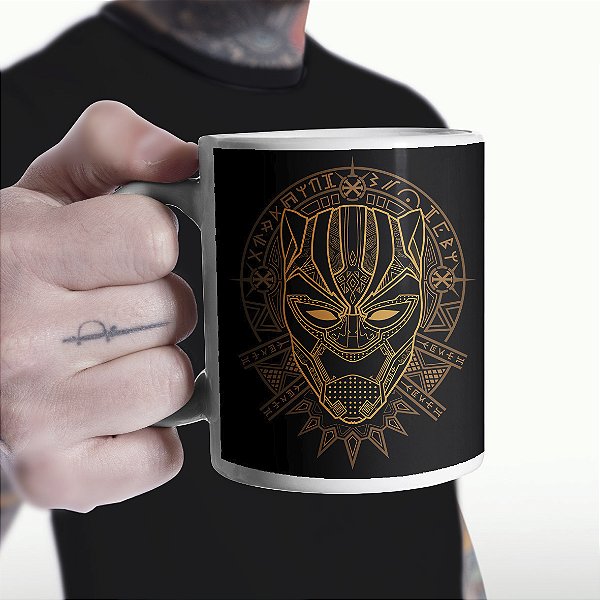 Caneca Black Panther Golden Pantera Negra Marvel Comics Branca