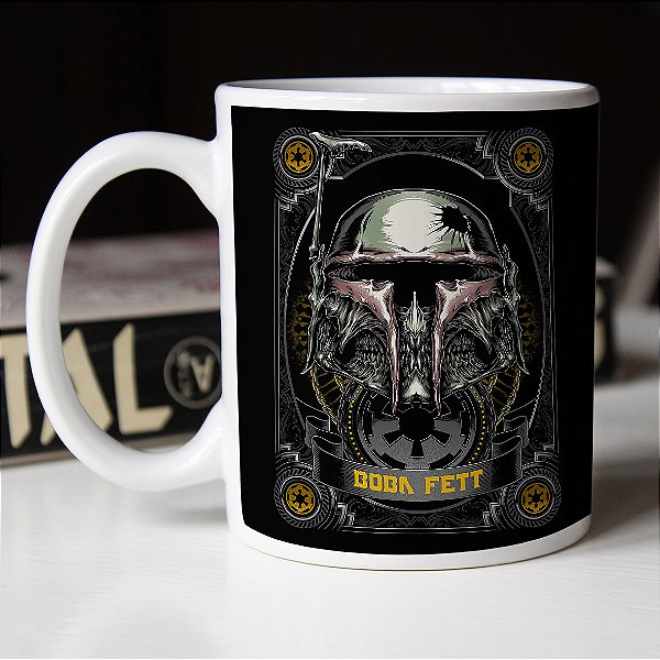 Caneca Boba Fett Skull Art Caveira Star Wars Branca
