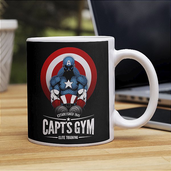 Caneca Capts Gym Elite Training Capitão America Escudo Marvel Comics Branca