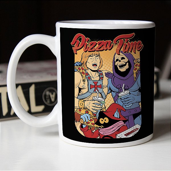 Caneca Pizza Time He-Man Esqueleto Gorpo Masters Of The Universe Branca