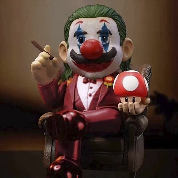 Estátua Colecionável Mario Joker Don Vito Corleone com Cogumelo Super Mario Bros Coringa O Poderoso Chefão 10 cm