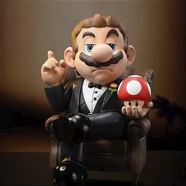 Estátua Colecionável Mario Don Vito Corleone com Cogumelo Super Mario Bros O Poderoso Chefão 10 cm