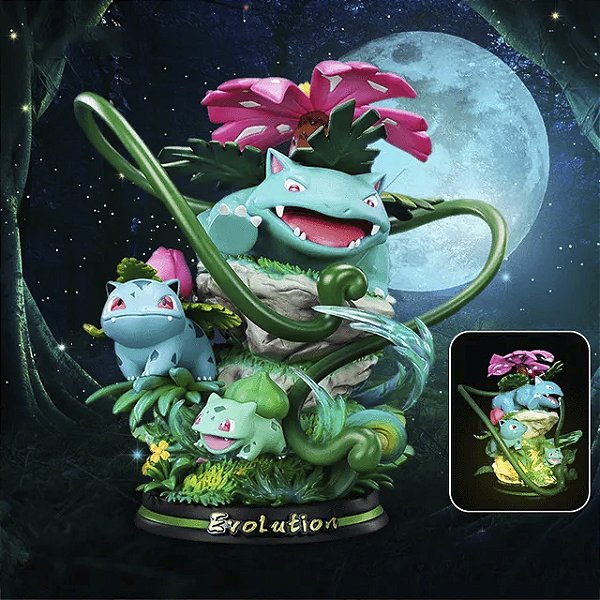 Estátua Colecionável Diorama Venusaur Bulbasaur Evolution com Led Pokémon Nintendo 26 cm
