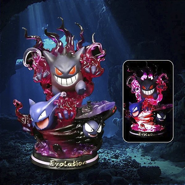 Estátua Colecionável Diorama Gengar Haunter e Gastly Evolution com Led Pokémon Nintendo 26 cm