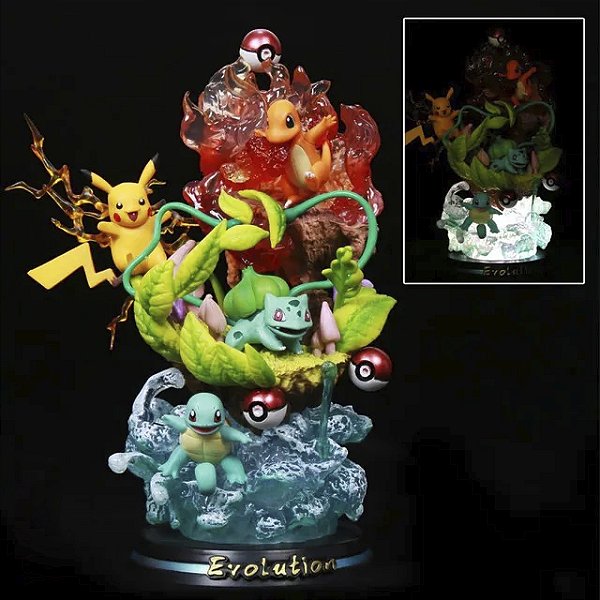 Estátua Colecionável Diorama Pikachu, Charmander, Bulbasaur com Led Pokémon Nintendo 26 cm