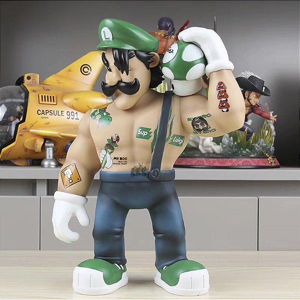 Estátua Boneco Colecionável De Vinil Luigi Bombado Tatuado Cogumelo Super Mario Bros Nintendo 30 cm
