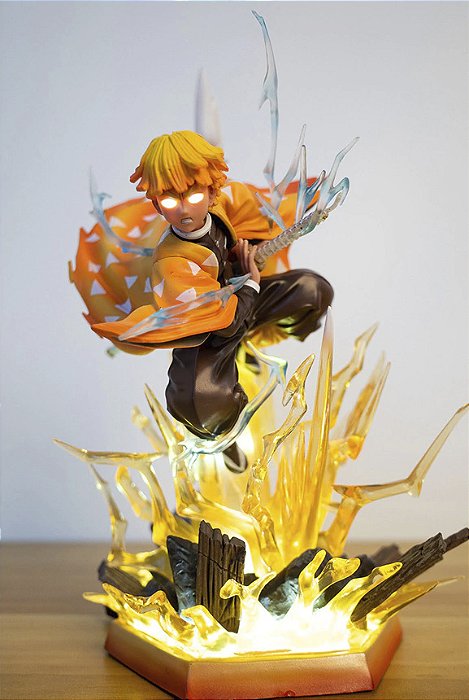 Estátua Colecionável 2 Cabeças Zenitsu Agatsuma Caçador de Demônios Demon Slayer Kimetsu no Yaiba com Led 30 cm