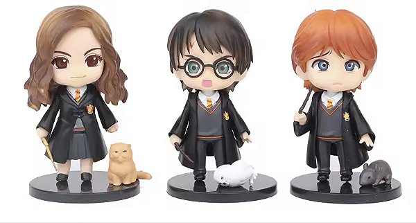 Pack 3 Mini Estátuas Hermione Granger, Ron Weasley e Harry Potter Hogwarts 10 cm