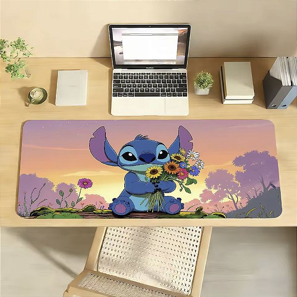 Mousepad Gamer Stitch com Flores Lilo e Stitch 90x40 cm