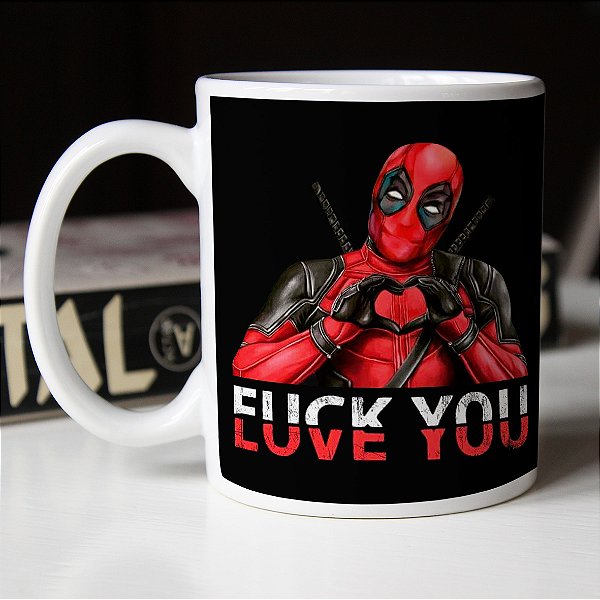 Caneca Cilíndrica Deadpool Fuck You Love You Marvel Comics Branca