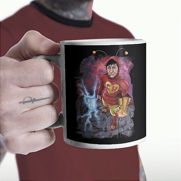 Caneca Cilíndrica Chapolin Colorado Thanos Manopla do Infinito Thor Guerra Infinita Vingadores Ultimato Marvel Branca