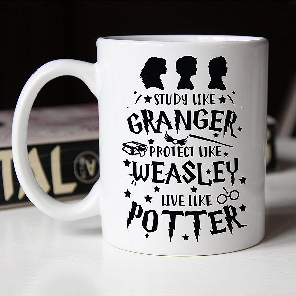 Caneca Cilíndrica Study Like Granger Protect Like Weasley Live Like Potter Bruxo Harry Potter Hermione Branca