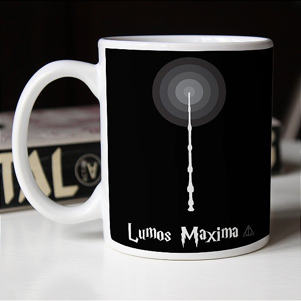 Caneca Cilíndrica Lumos Maxima Feitiço Magia Harry Potter Relíquias da Morte Deathly Hallows Branca