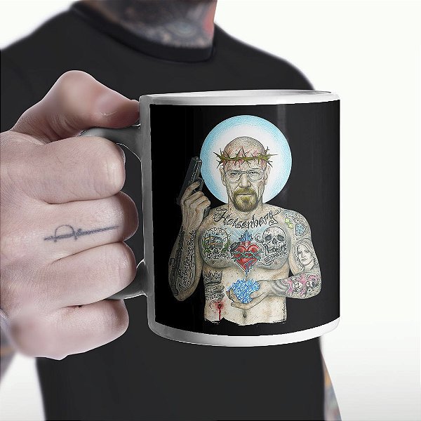 Caneca Cilíndrica Heisenberg Breaking Bad Sr Walter White Tattoo Cristal Cookin Branca