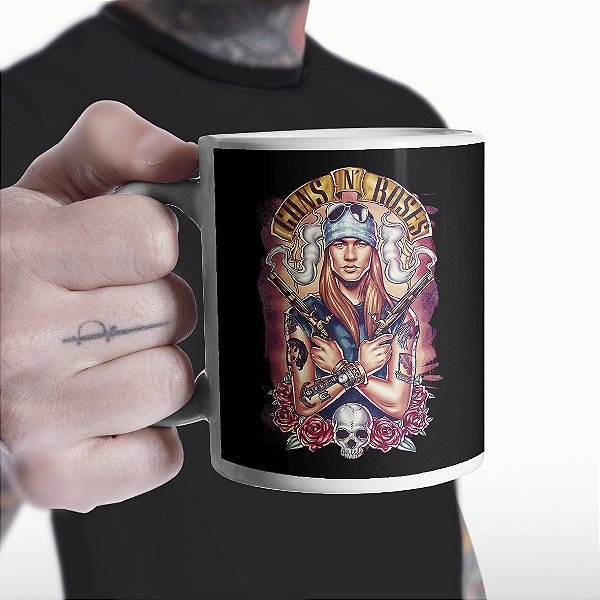 Caneca Cilíndrica Hard Rock Legends Axl Rose Guns N' Roses Caveira Rosas Rock And Roll Branca