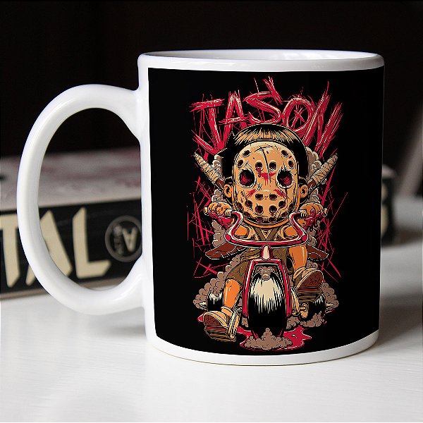 Caneca Cilíndrica Jason Voorhees Kid Horror Terror Sexta-Feira 13 Branca