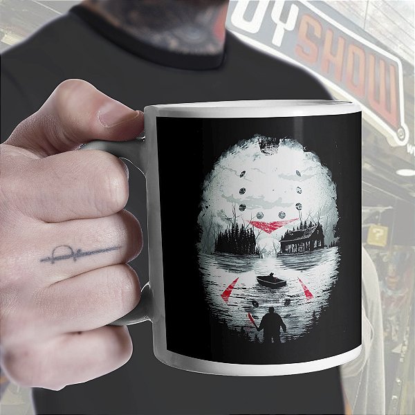 Caneca Cilíndrica Jason Voorhees Sexta Feira 13 Terror Horror Friday the 13th Máscara Hóquei Branca
