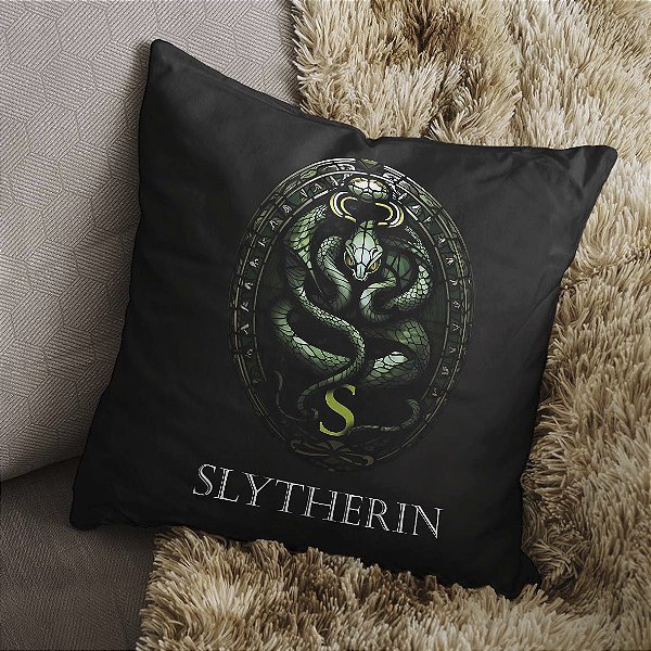 Almofada Brasão Casa Slytherin Sonserina Harry Potter Cobra Escola Hogwarts 45x45