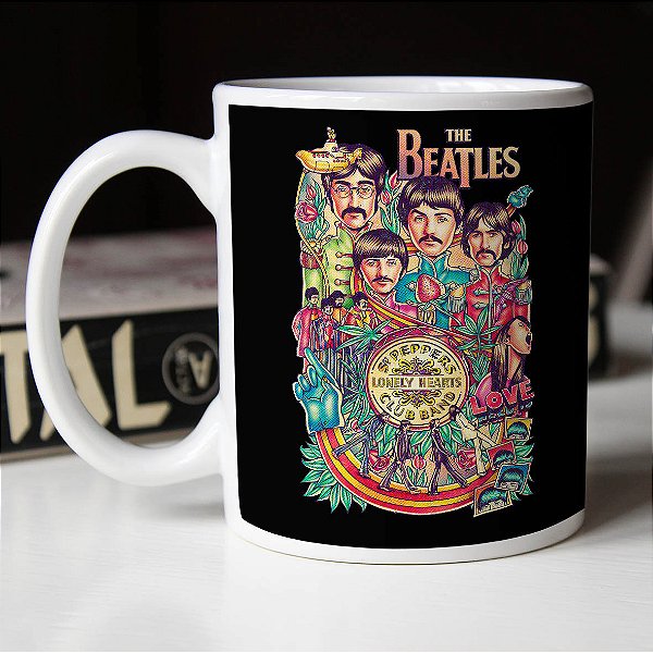 Caneca Cilíndrica Legends The Beatles Peppers Lonely Hearts Club Band Love Branca