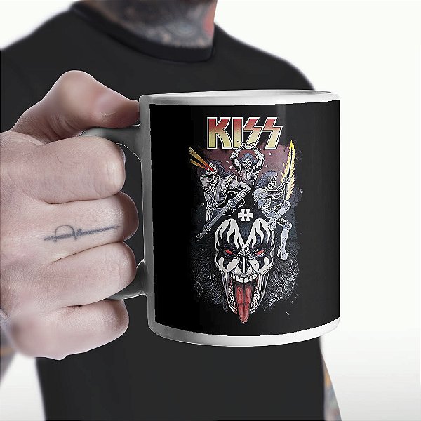 Caneca Cilíndrica Kiss Rock And Roll Band Poster Branca