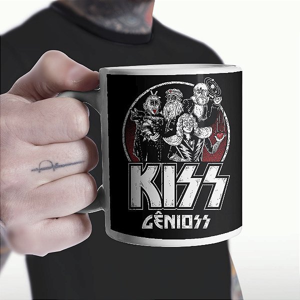 Caneca Cilíndrica Kiss Gênioss Humor Ilustração Hard Rock Gênios Branca
