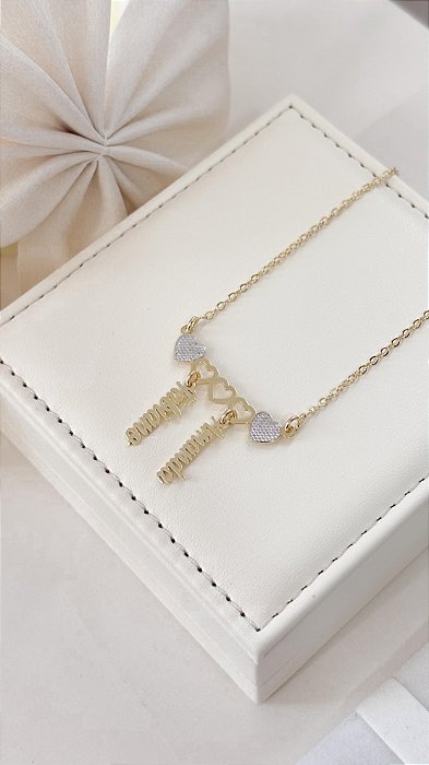 Colar Personalizado com Dois Nome e Corações - Banho de Ouro 18k