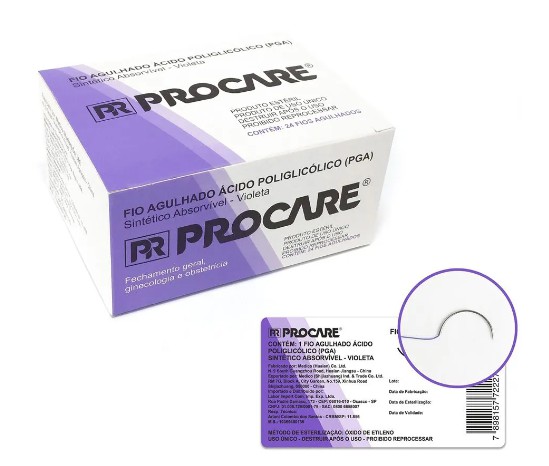 Fio de Sutura Sintético Absorvível PGA 1 25mm Com Agulha 1/2 C/ 24 Unidades - Procare