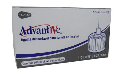 Agulha Para Caneta de Insulina 31G (0,25mm x 5mm) C/ 100 Un - Advantive