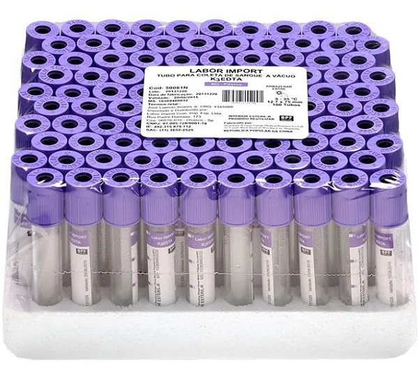 Tubo Edta K3 à Vácuo - Plástico 4ml  C/ 100 Unidades - Labor Import (Val: 31/12/25)