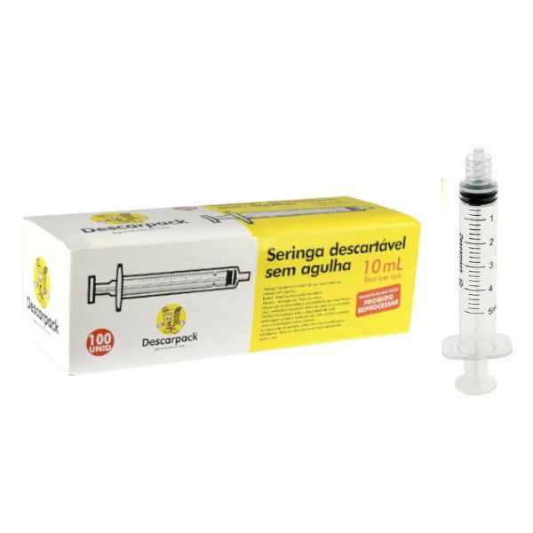 Seringa de 10ml Bico Luer Lock Sem Agulha C/ 100 Unidades - Descarpack