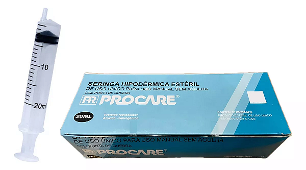 Seringa Hipodérmica Convencional 20ml Bico Luer Slip C/ 50 Unidades - Procare