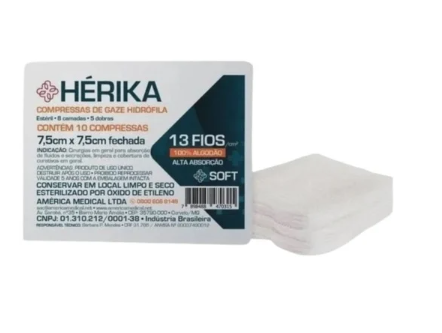 Compressa de Gaze Estéril 7,5 x 7,5cm 13 Fios C/ 10 Un - Hérika