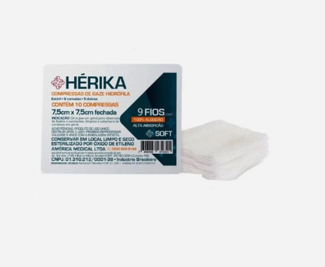 Compressa de Gaze Estéril 7,5 x 7,5cm 09 Fios C/ 10 Un - Hérika