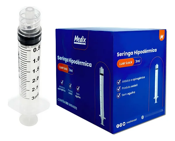 Seringa de 3ml Bico Luer Lock Sem Agulha C/ 100 Unidades - Medix