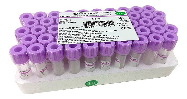 Mini Tubo EDTA K2 0.5ml C/ 50 Unidades - Labor Import (Val: 18/04/26) *** Black Friday ***