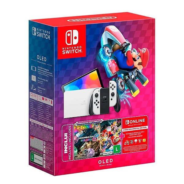 Nintendo Switch Oled Novo Desbloqueado + SD 256GB + Muitos Jogos + Jogo Mario Kart Digital + 3 meses Online