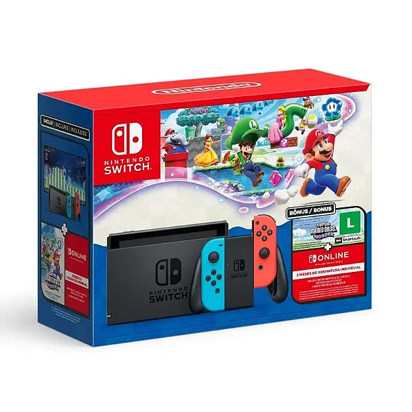 Nintendo Switch V2 Novo Desbloqueado + SD 256GB + Muitos Jogos + Jogo Mario Wonder Digital + 3 Meses Online