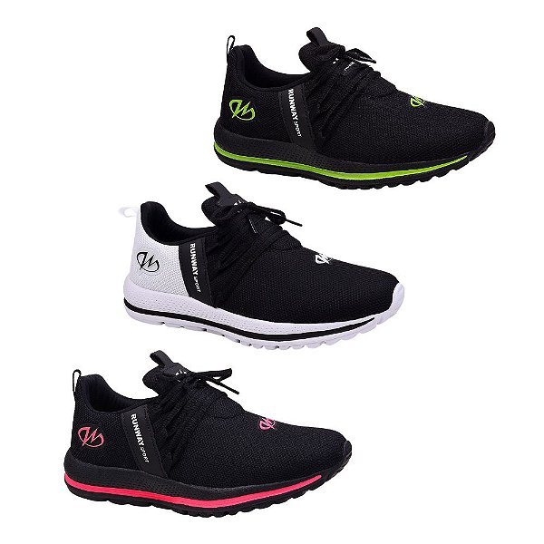 Kit 3 Pares Tênis Esportivo Academia Runway Running Feminino - Preto/Rosa E Branco/Preto E Preto/Verde