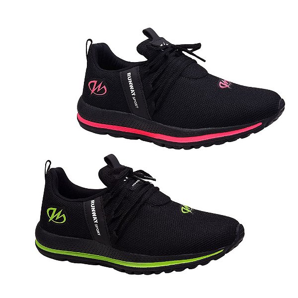 Kit 2 Pares Tênis Esportivo Academia Runway Running Feminino - Preto/Verde E Preto/Rosa