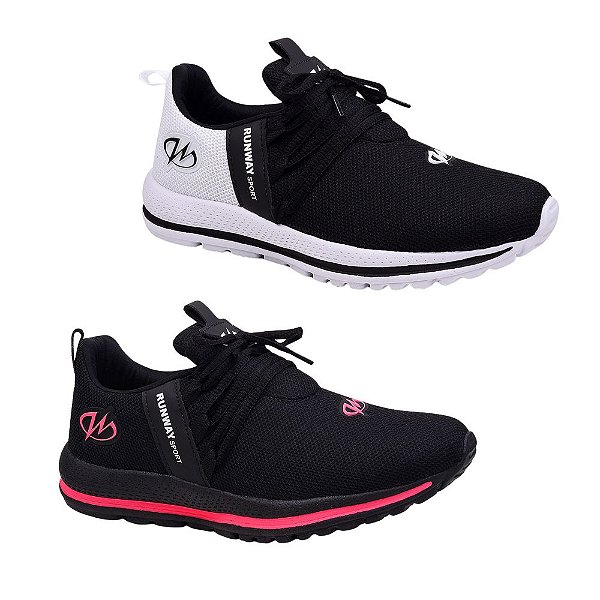 Kit 2 Pares Tênis Esportivo Academia Runway Running Feminino - Preto/Rosa E Branco/Preto