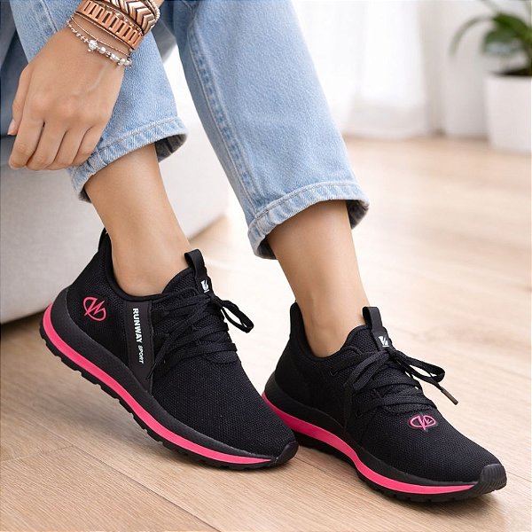Tênis Esportivo Academia Caminhada Runway Running Feminino - Preto/Pink
