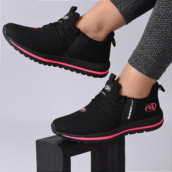 Tênis Esportivo Academia Caminhada Runway Running Feminino - Preto/Pink