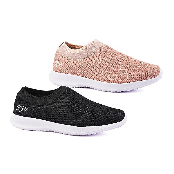 Kit 2 Pares Tênis Meia Sem Cadarço Macio Runway Feminino - Preto E Nude