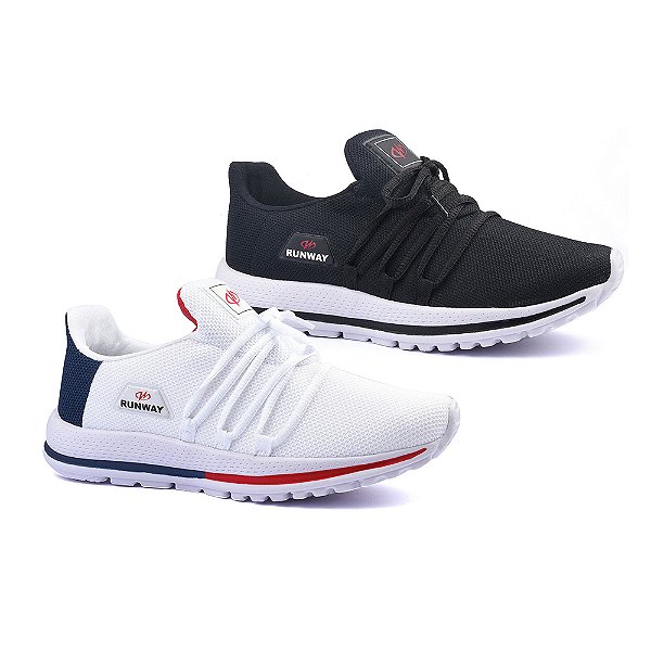 Kit 2 Pares De Tênis Caminhada Corrida Academia Runway Soft Feminino - Branco E Preto