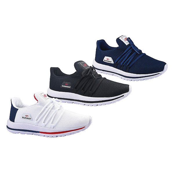 Kit 3 Pares De Tênis Caminhada Corrida Academia Runway Soft Masculino - Branco E Preto E Marinho