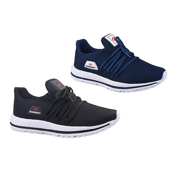 Kit 2 Pares De Tênis Caminhada Corrida Academia Runway Soft Masculino - Preto E Marinho