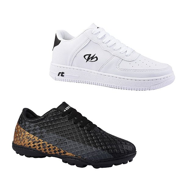 Kit Chuteira Society E Tênis Estilo Retrô Runway Masculino - Preto E Branco/Preto