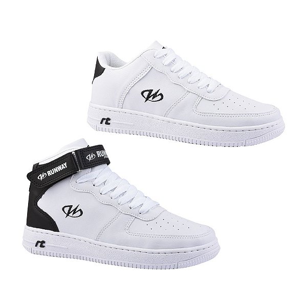 Kit 2 Pares De Tênis Estilo Retrô Sneaker Runway Masculino - Branco/Preto E Branco/Preto